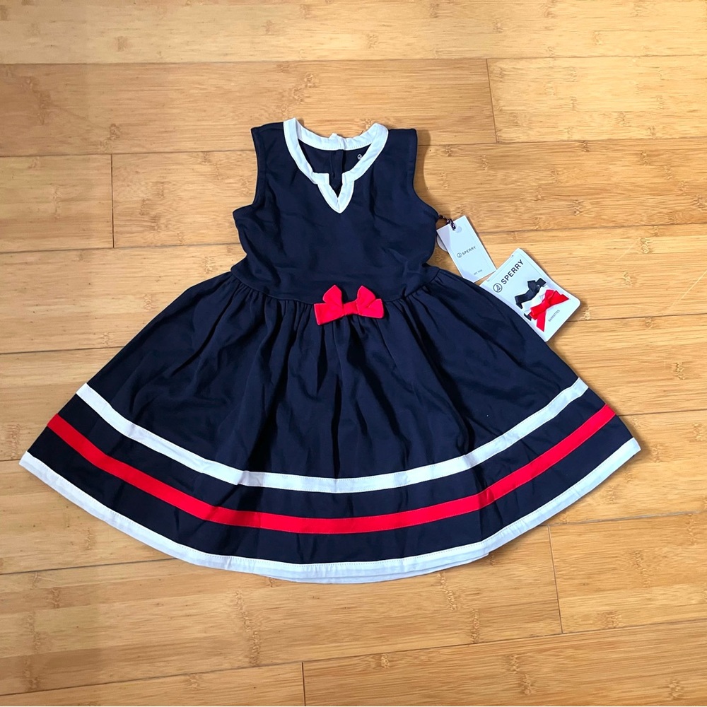 NWT Girls Size 4T Patriotic Navy Dress with Hair Bows 4th of July